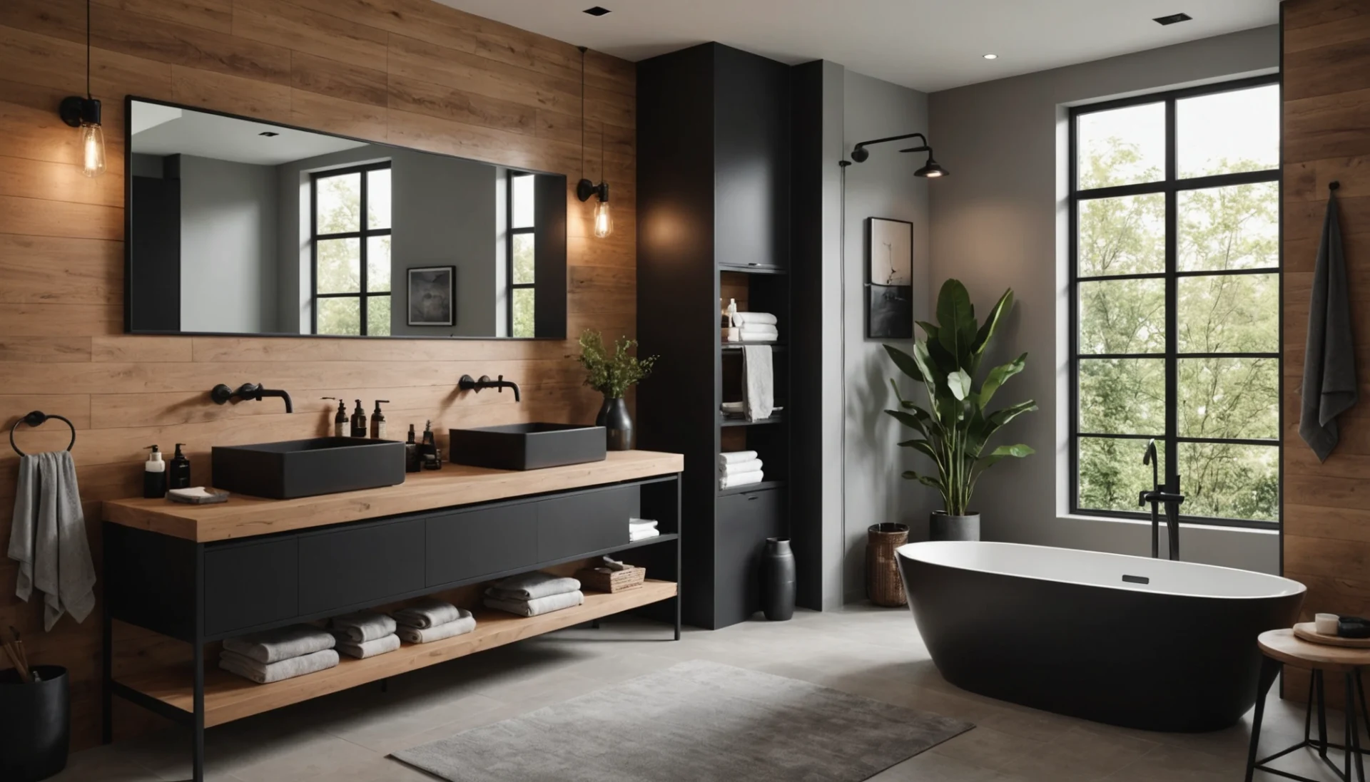 salle de bain avec bois et robinetterie noire