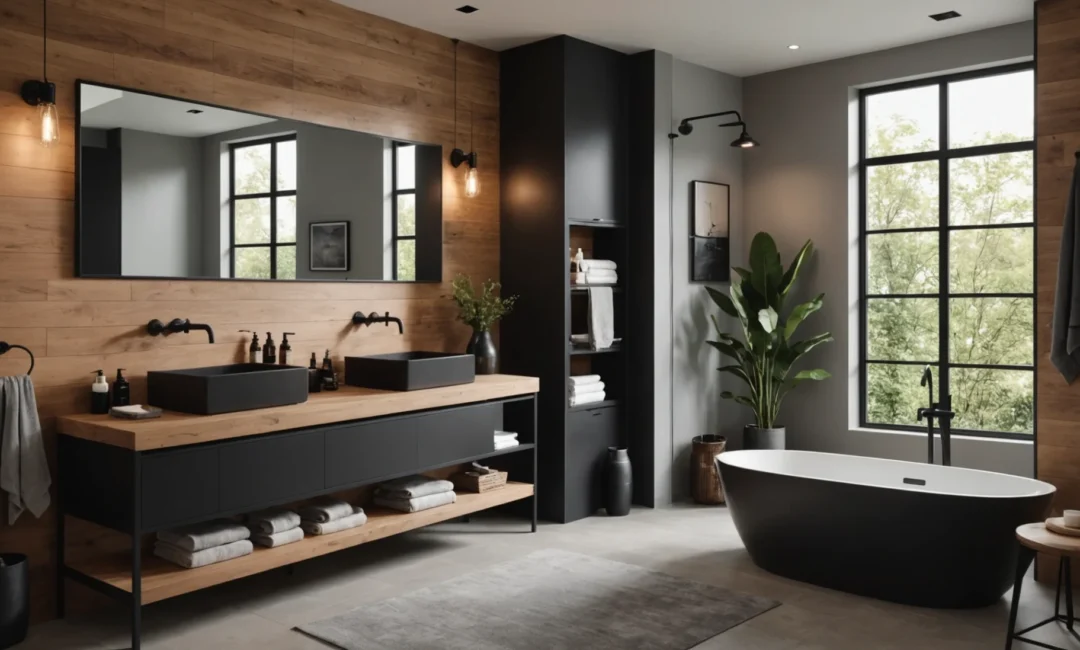 salle de bain avec bois et robinetterie noire